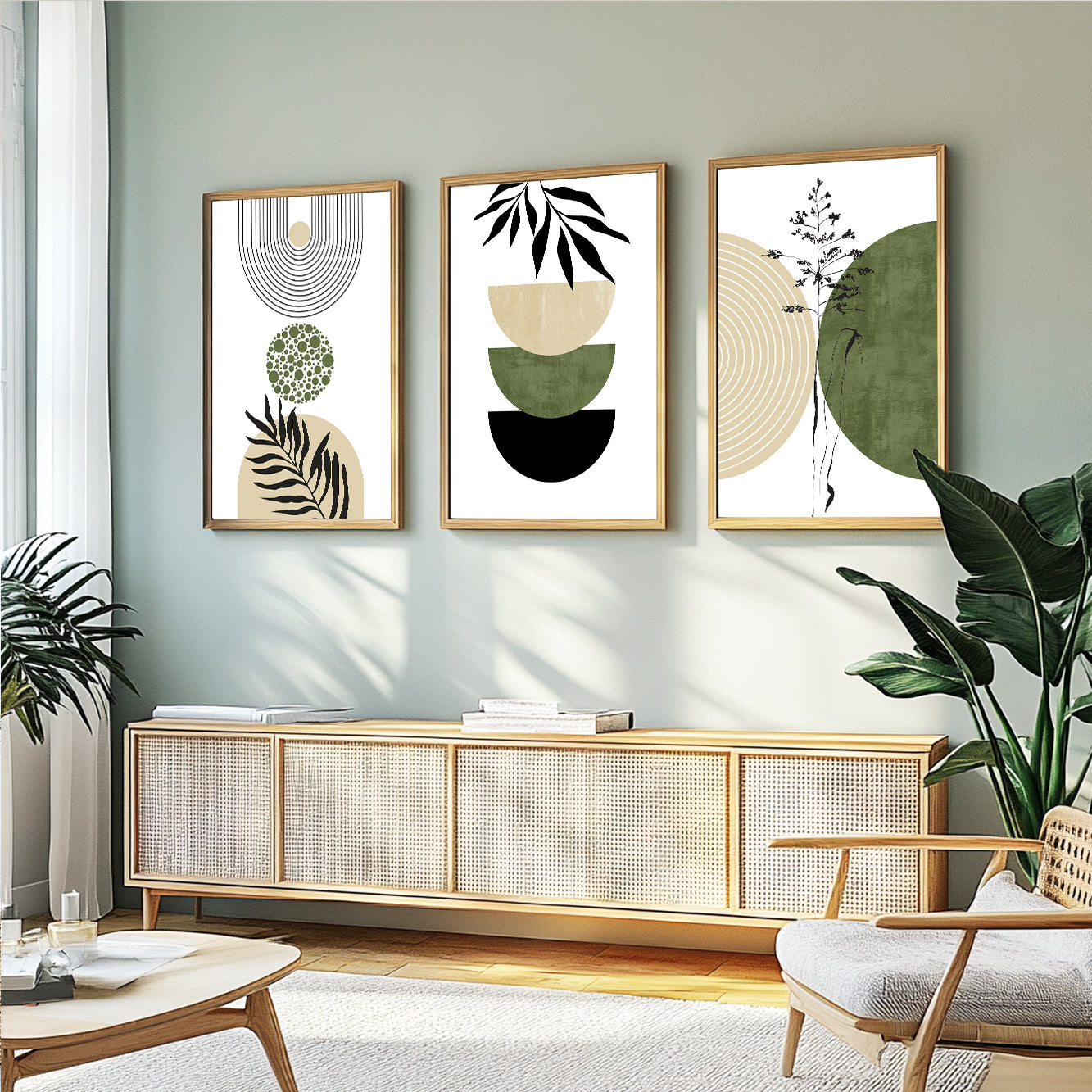 Minimalist botanical print set with geometric shapes in olive green, beige, and black