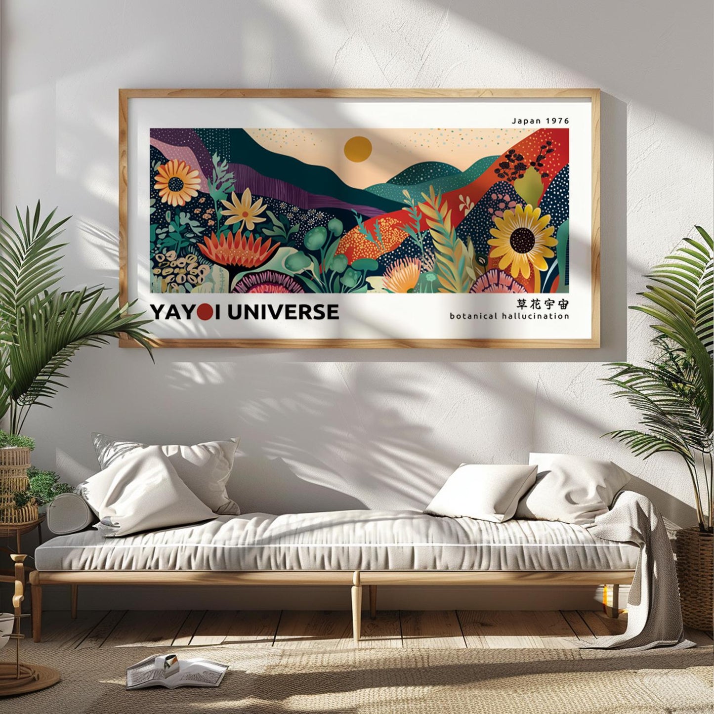 Framed abstract floral landscape print styled above a bench with plants and books nearby