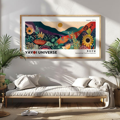 Framed abstract floral landscape print styled above a bench with plants and books nearby