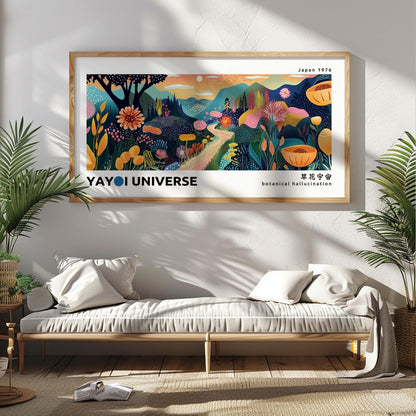 Abstract mountain landscape in Yayoi Kusama inspired style, framed above a neutral daybed