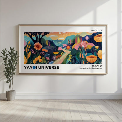 Framed abstract botanical mountains print above a light-colored sofa with natural sunlight.