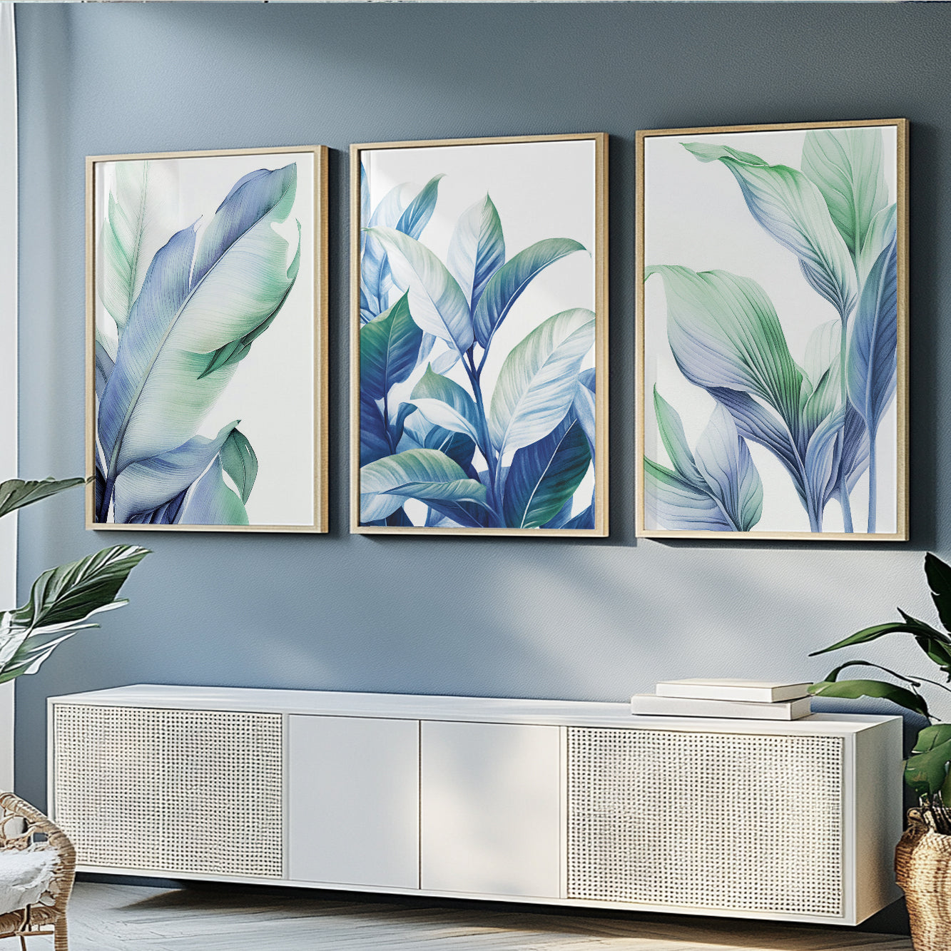 Botanical gallery wall featuring blue green tropical leaves for Organic Modern interiors