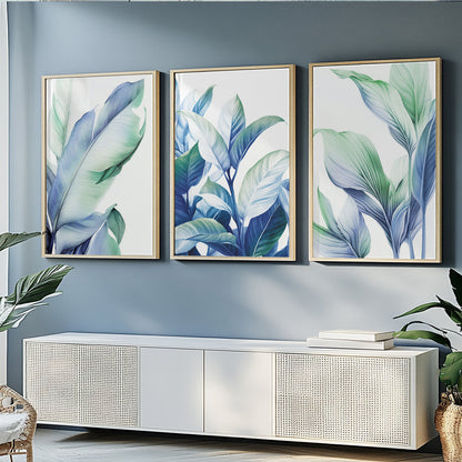 Botanical gallery wall featuring blue green tropical leaves for Organic Modern interiors