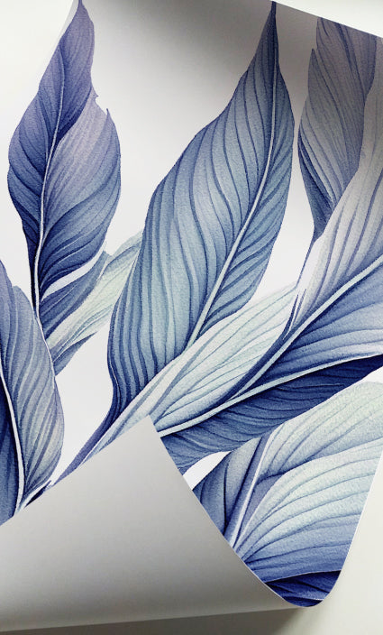 Blue leaf wall art set with modern botanical design and layered tropical plants