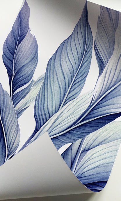 Blue leaf wall art set with modern botanical design and layered tropical plants