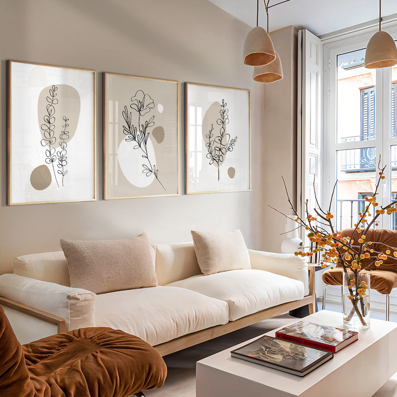 Modern floral line art gallery wall in beige, taupe, ivory, and black tones