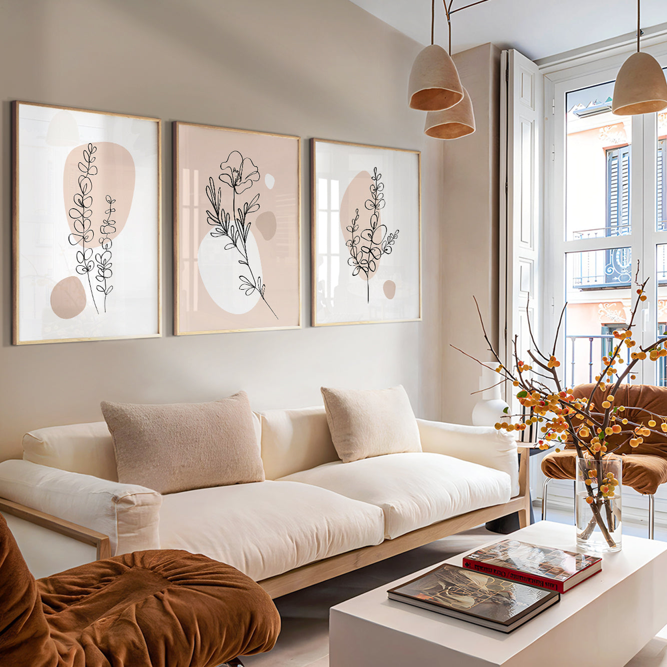 Organic Modern botanical gallery wall featuring minimalist floral illustrations on blush backgrounds