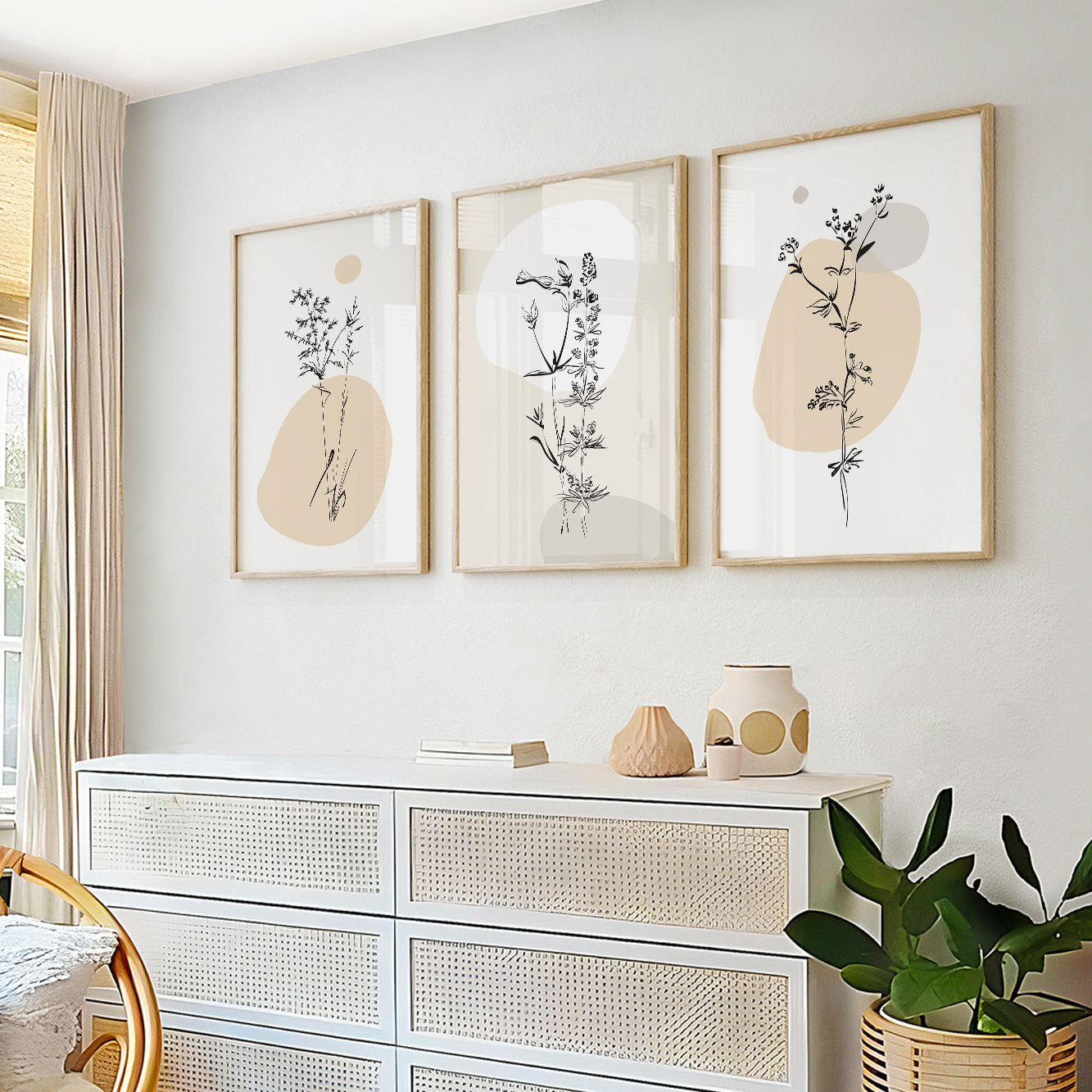 Wildflower wall art set with botanical line drawings for Organic Modern interiors