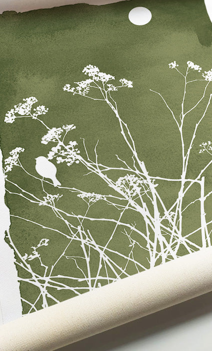 Botanical gallery wall with elegant floral silhouettes on textured sage green backgrounds