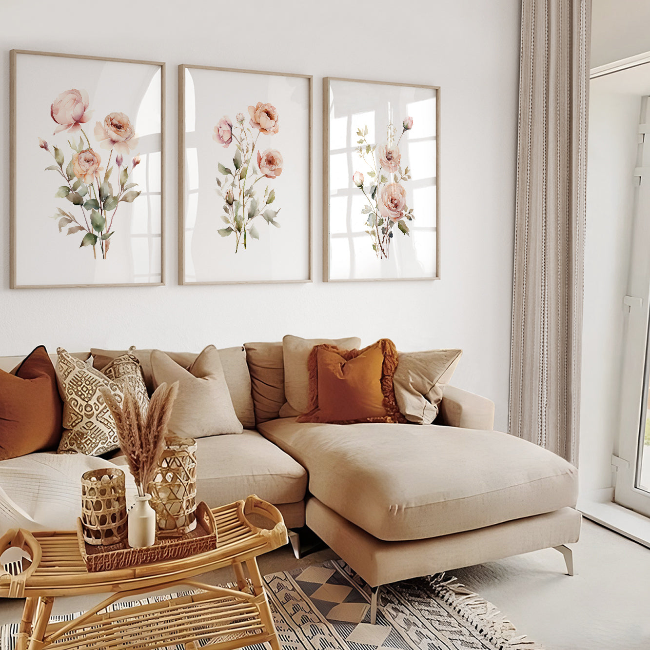 Neutral botanical rose prints for Scandinavian interiors