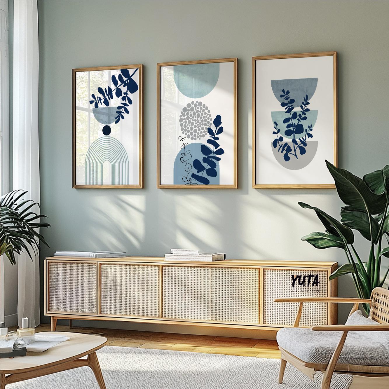 Botanical wall art featuring blue foliage, modern geometric shapes and organic contemporary styling