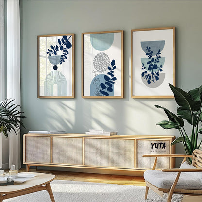 Botanical wall art featuring blue foliage, modern geometric shapes and organic contemporary styling