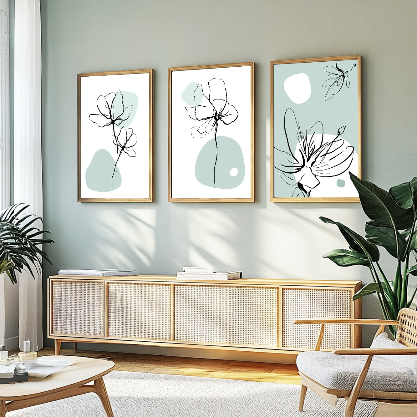 Minimalist flower wall art with soft sage green abstract backgrounds