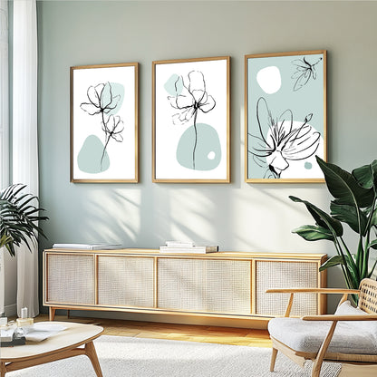 Minimalist flower wall art with soft sage green abstract backgrounds