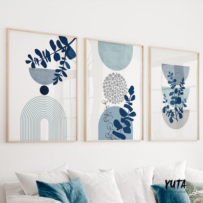 Botanical wall art set featuring blue foliage, abstract geometric arches and contemporary organic modern design