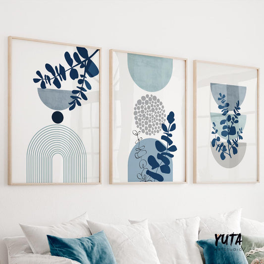 Botanical wall art set featuring blue foliage, abstract geometric arches and contemporary organic modern design