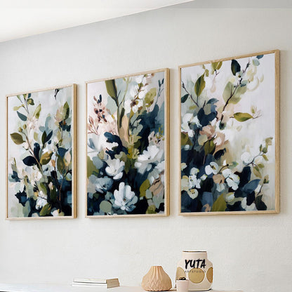 Sage green botanical wall art set of 3 with soft white flowers and organic modern floral design