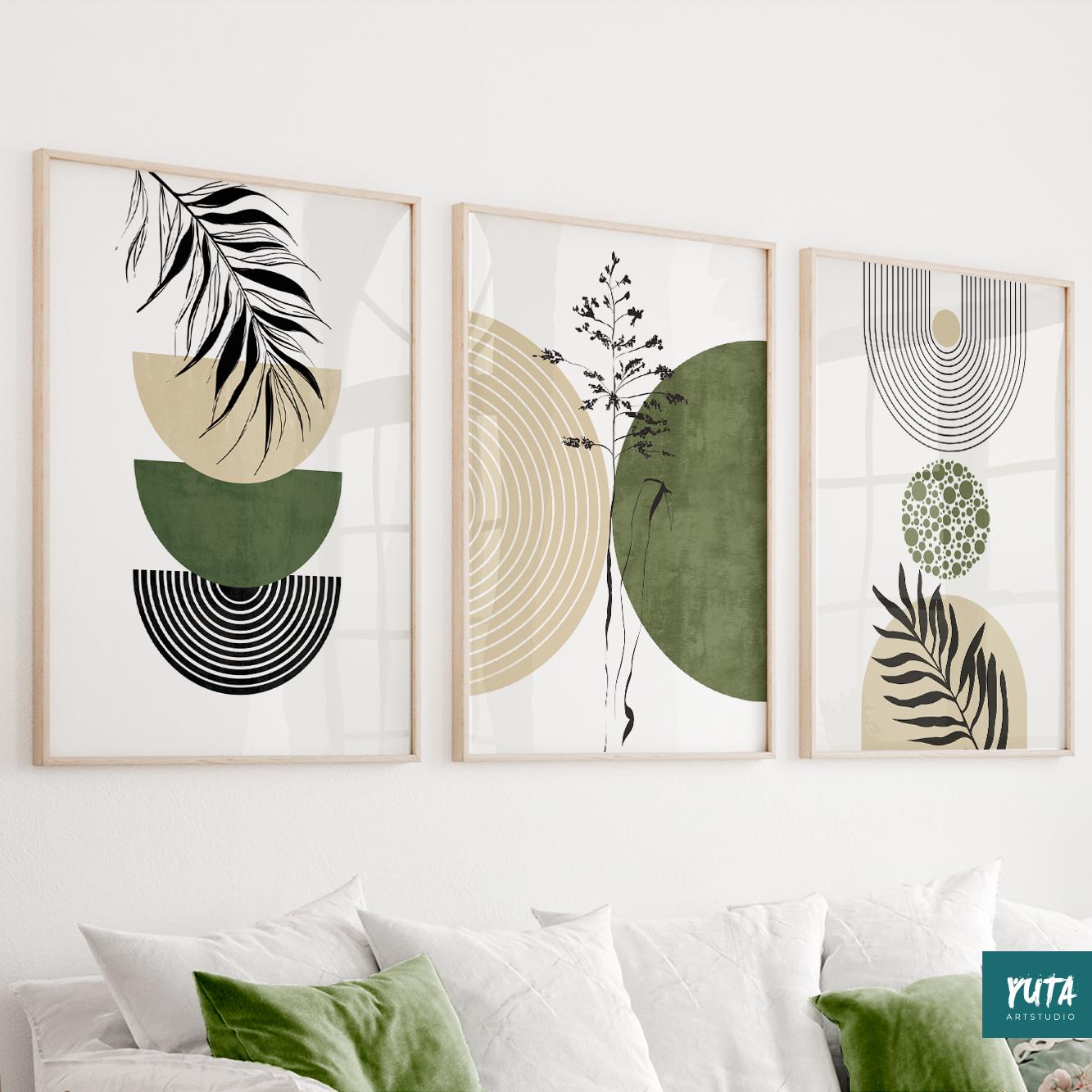 Botanical wall art set featuring sage green geometric shapes, abstract foliage and organic modern design elements