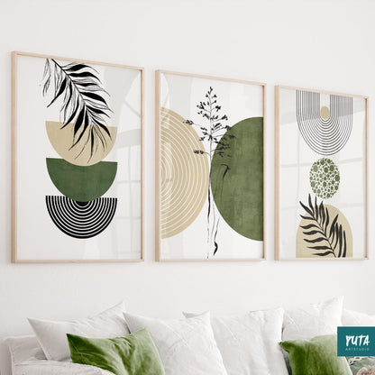 Botanical wall art set featuring sage green geometric shapes, abstract foliage and organic modern design elements
