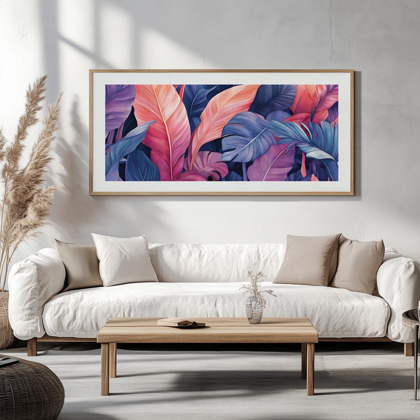 Botanical wall art showcasing colorful tropical leaves in pink, purple and blue tones with lush layered foliage