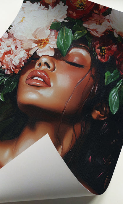 Botanical woman portrait art featuring dramatic flowers and green foliage framing a feminine face