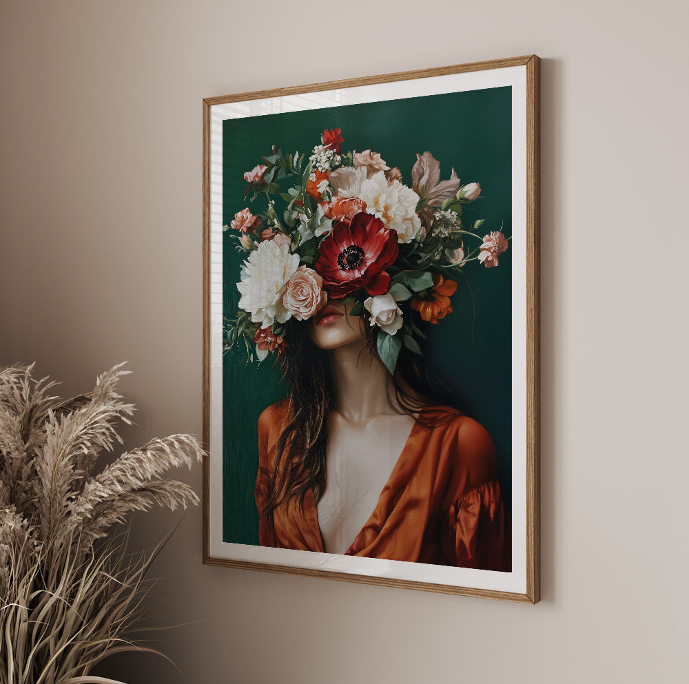 Botanical woman portrait featuring an abundant floral arrangement covering her eyes