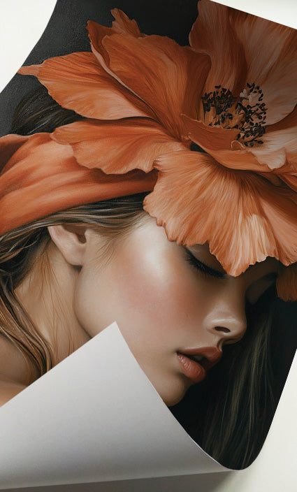 Botanical woman portrait featuring a large orange flower arrangement against a dark background