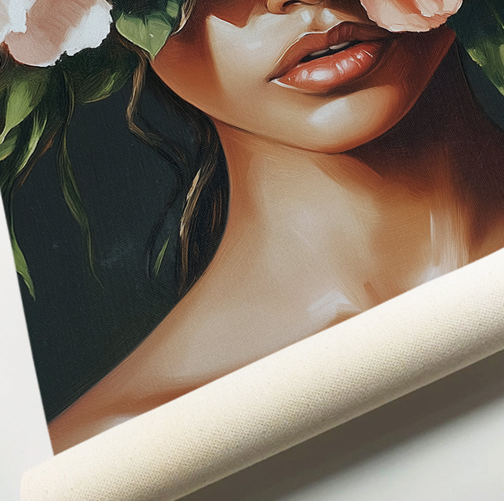 Botanical woman portrait featuring a woman surrounded by cream, blush and burgundy flowers