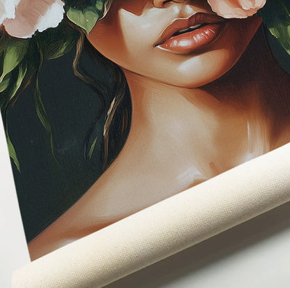 Botanical woman portrait featuring a woman surrounded by cream, blush and burgundy flowers