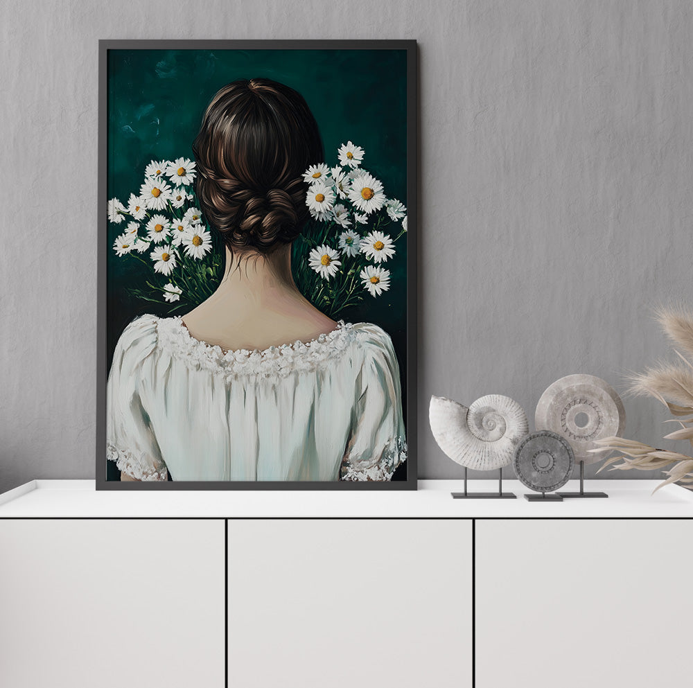 Botanical woman portrait featuring a brunette with braided low bun and delicate white daisies