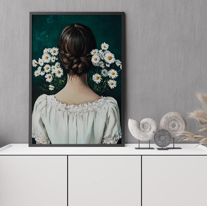 Botanical woman portrait featuring a brunette with braided low bun and delicate white daisies