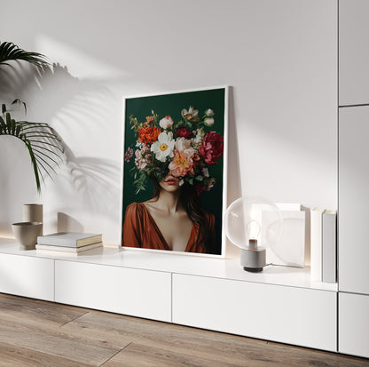 Botanical woman portrait featuring a brunette with an abundant bouquet covering her face