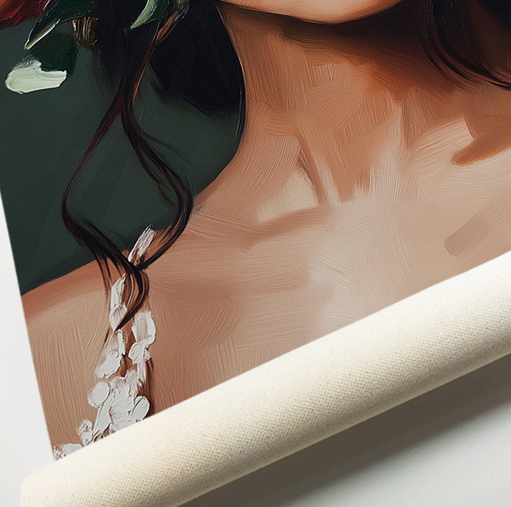 Botanical woman wall art featuring a female portrait with lush flowers and deep green foliage
