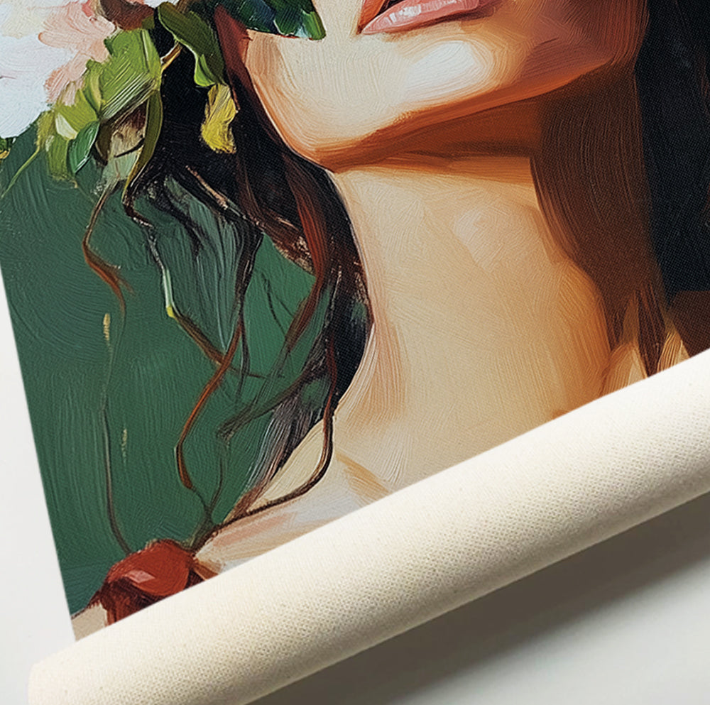 Botanical woman wall art featuring a female portrait with lush flowers and dark green foliage
