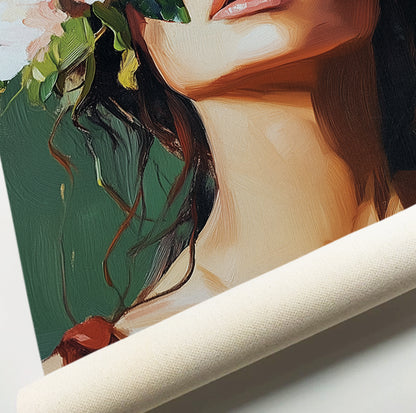 Botanical woman wall art featuring a female portrait with lush flowers and dark green foliage