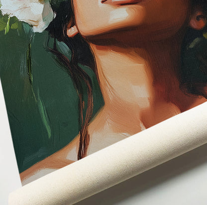 Botanical woman wall art featuring a female portrait with lush peonies and dark green foliage