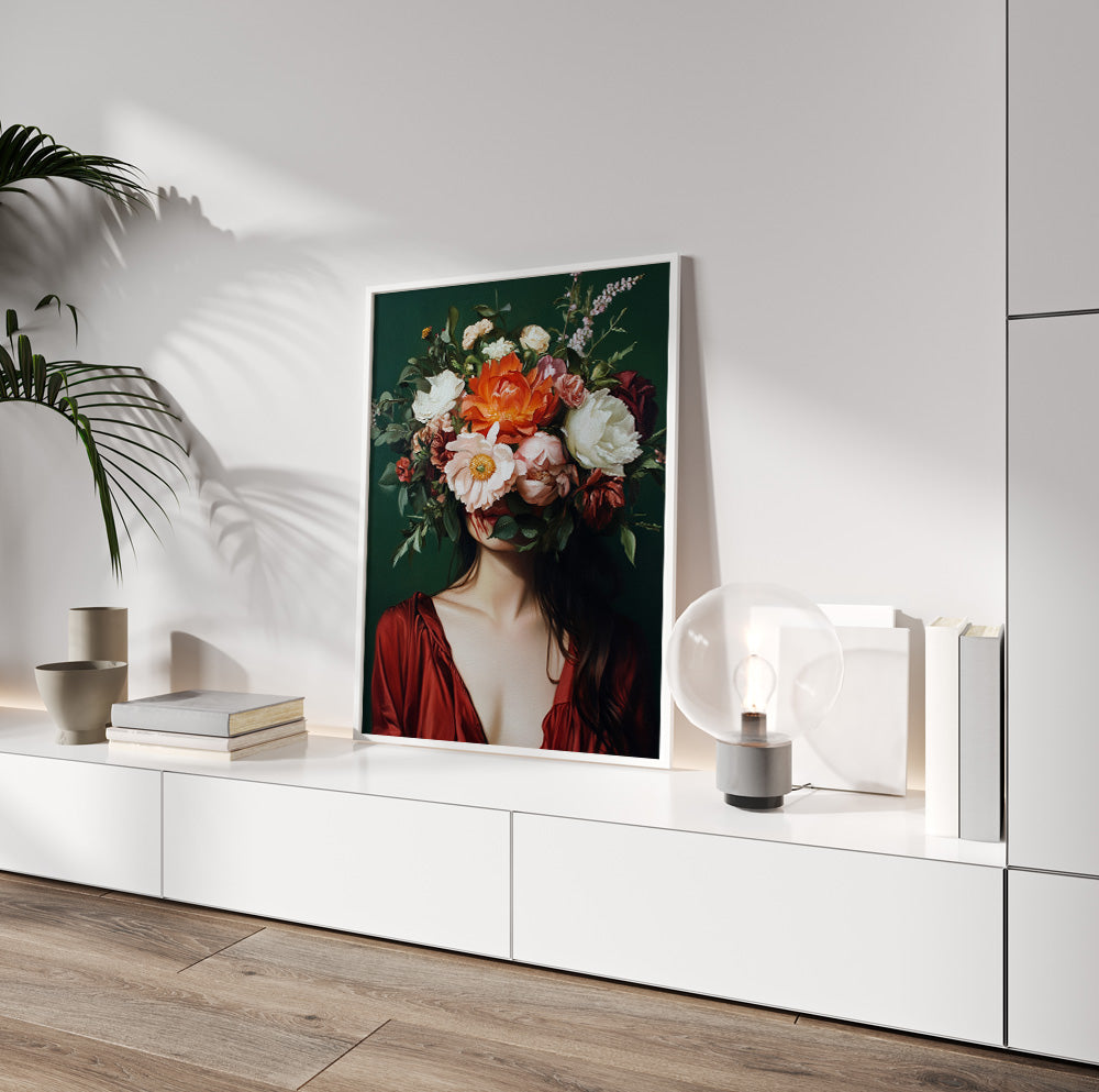 Botanical woman wall art with a floral-covered face against a deep green background