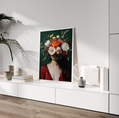 Botanical woman wall art with a floral-covered face against a deep green background
