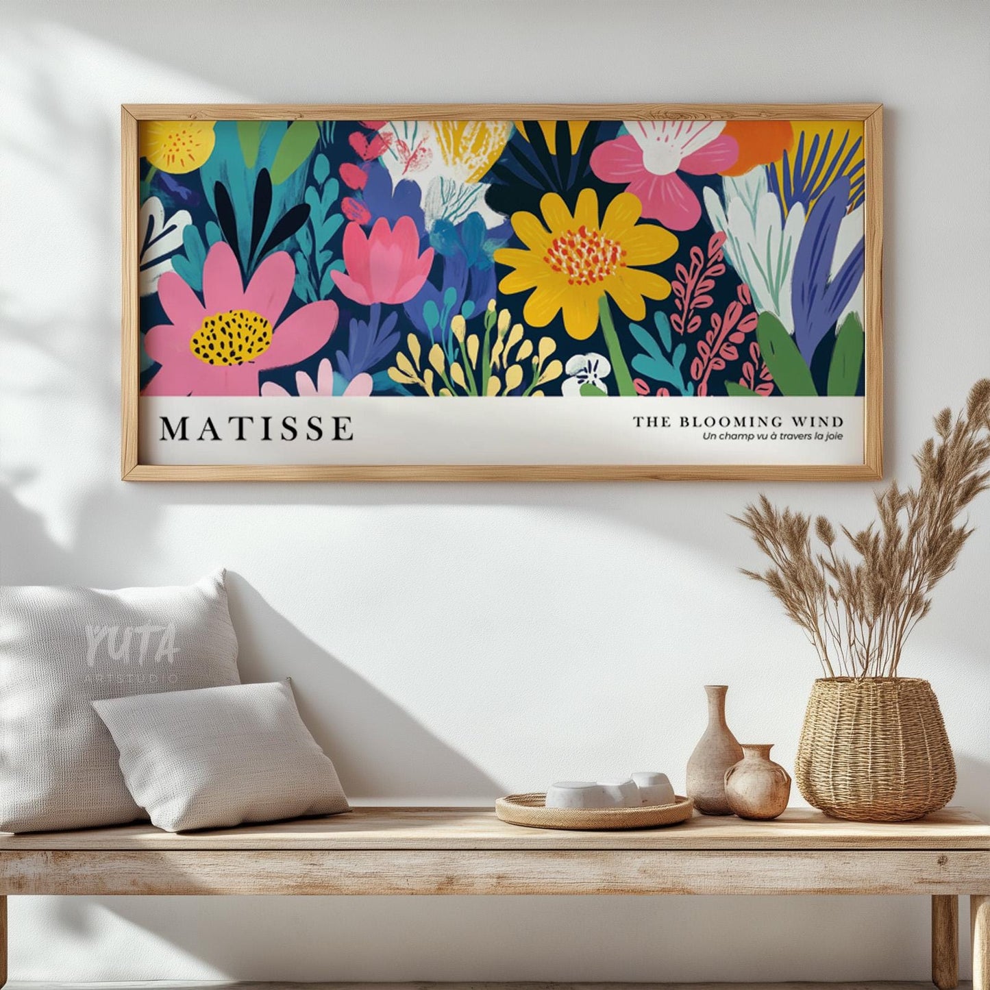Bright floral Matisse style poster with bold flowers, layered foliage and expressive botanical artwork