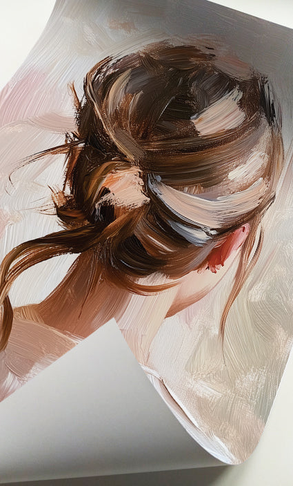 Brunette updo portrait print with expressive brushstrokes and a light neutral background