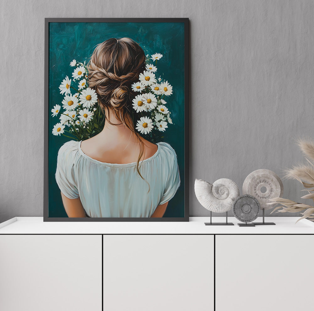 Brunette woman daisy wall art featuring a romantic braided updo surrounded by white wildflowers