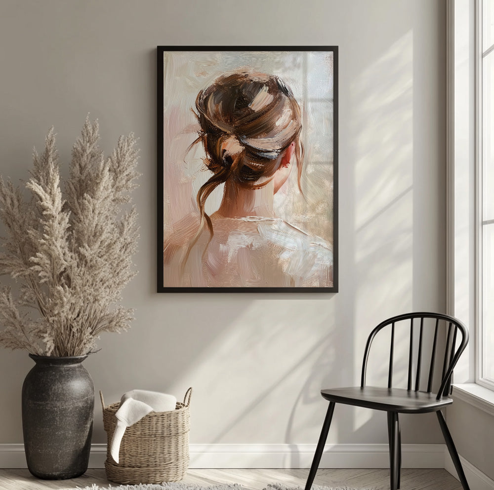 Brunette woman from behind art featuring a loose elegant bun and textured brushstrokes