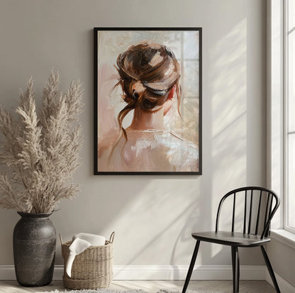 Brunette woman from behind art featuring a loose elegant bun and textured brushstrokes