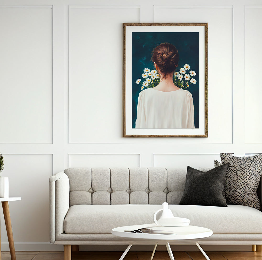Brunette woman with daisies art featuring a neat hair bun and delicate white wildflowers