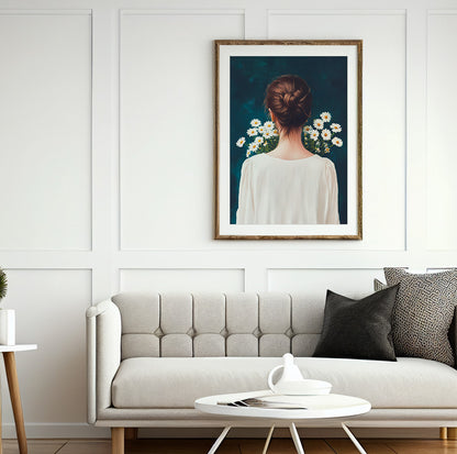 Brunette woman with daisies art featuring a neat hair bun and delicate white wildflowers