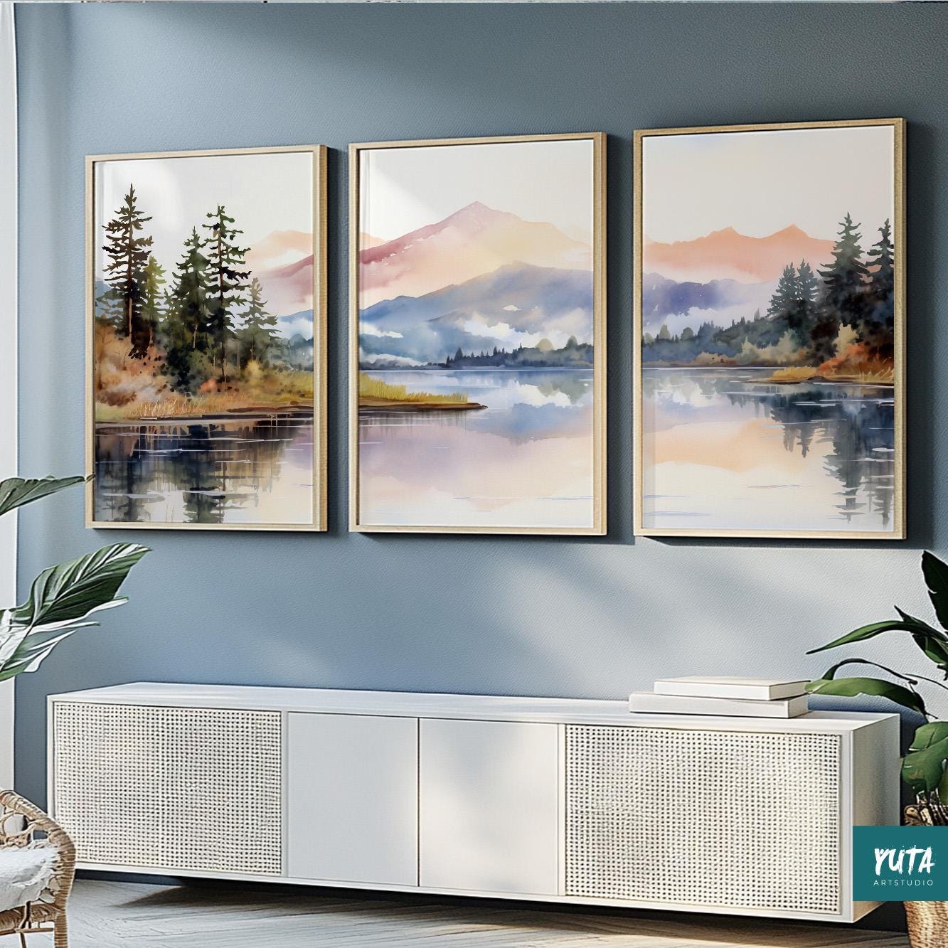 Set of 3 colorful landscape prints – abstract mountain wall art in Scandinavian tones.
