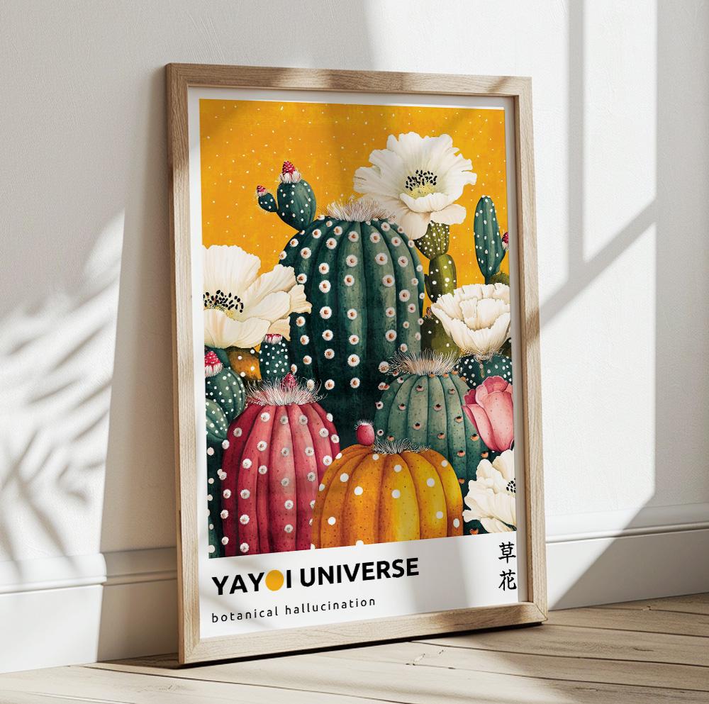 Bright botanical Japandi art – colorful cactus flower inspired by Yayoi Kusama for bold decor.