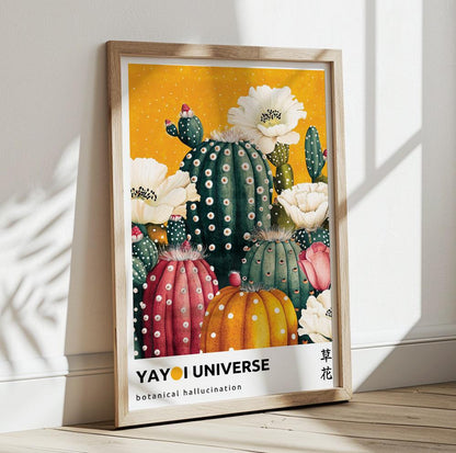 Bright botanical Japandi art – colorful cactus flower inspired by Yayoi Kusama for bold decor.