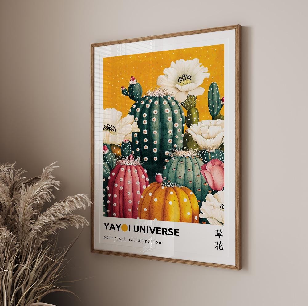 Yayoi Kusama inspired cactus flower print – colorful Japandi wall decor with artistic flair.