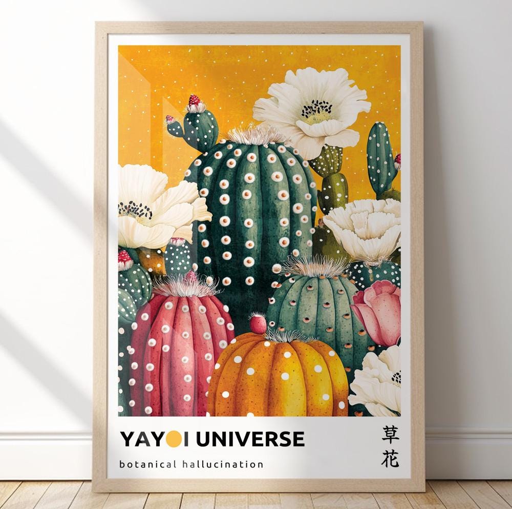 Colorful Japandi wall art print – abstract cactus flower inspired by Yayoi Kusama’s bold style.